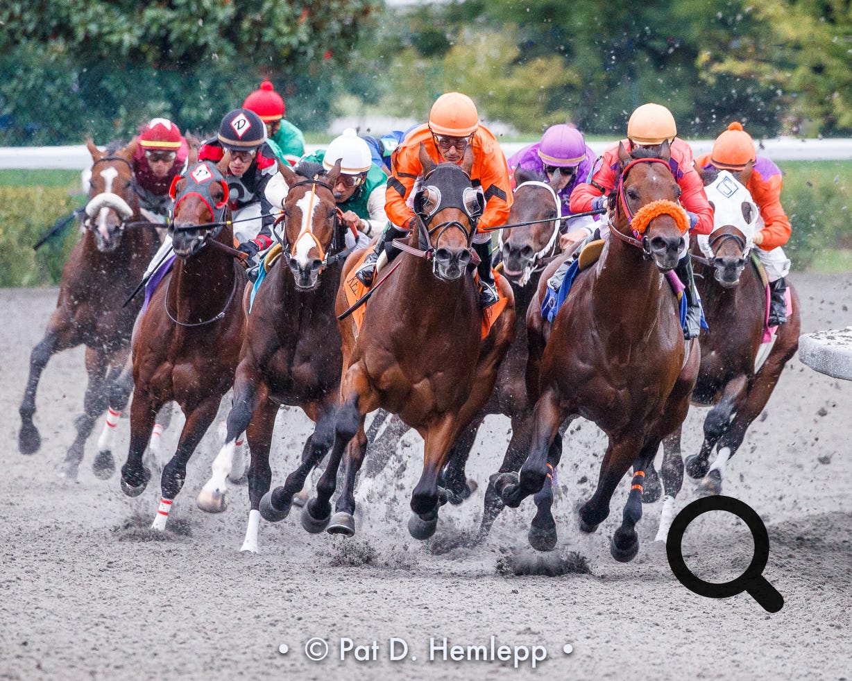Horses battle off the turn during a race on opening day of the 2009 fall meet at Keeneland, the historic race track in Lexington, Ky.